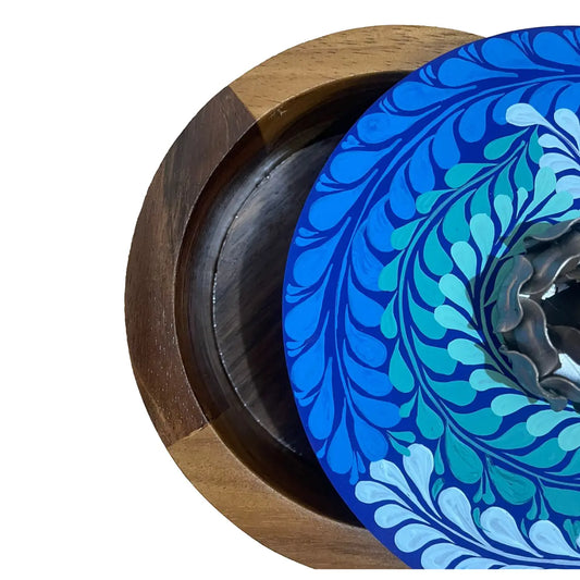 Mexican Handmade Parota Wood Tortilla Warmer - Blue Black Rose Colores Decor l Mexican Artisan Decor