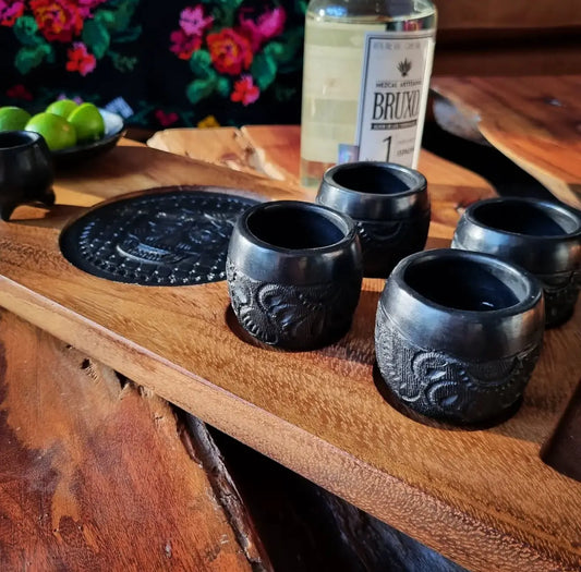 Oaxaca Black Clay Tequila & Mezcal Wood Serving Tray Set- Xaca CoLores Decor | Mexican Artisan Decor