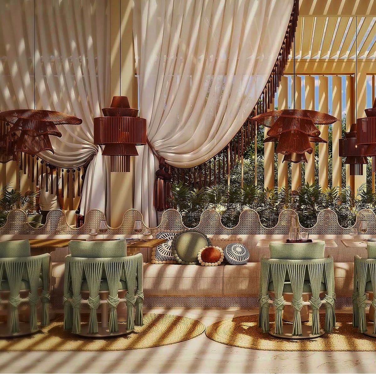 Coastal bar rendering with pale green stools, copper pendant lights, and flowing white drapery.