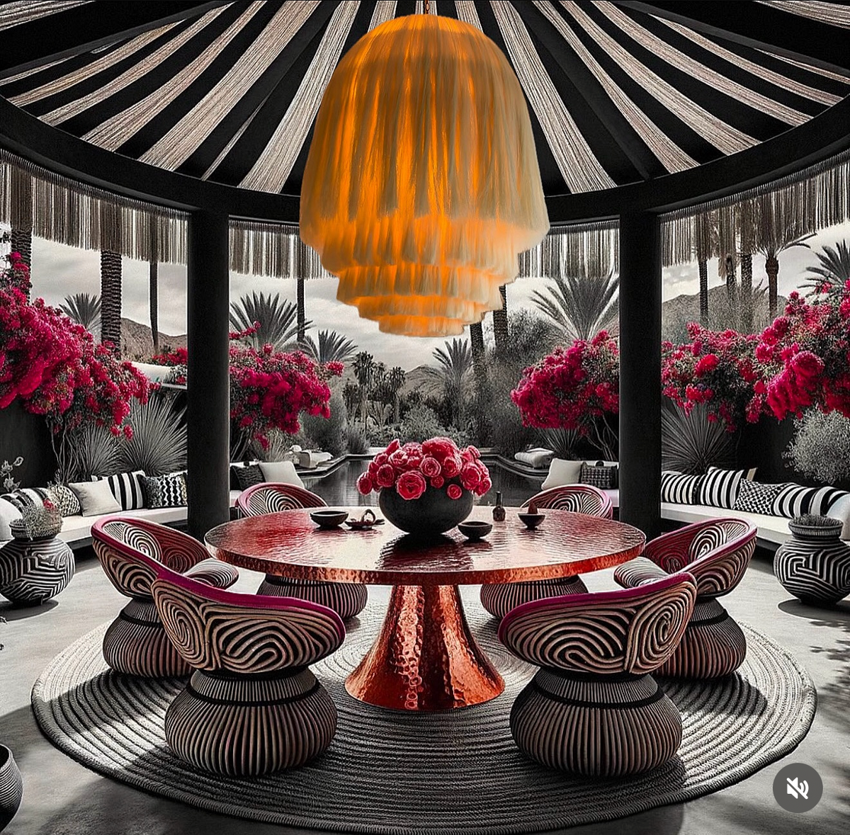 Dining room rendering with an orange tassel chandelier, sculptural striped chairs, and pink flowers.