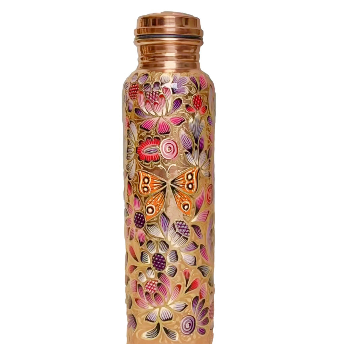 Mexican Copper 1 L / 33 oz. Water Bottle- Hand Painted Violet Butterflies CoLores Decor