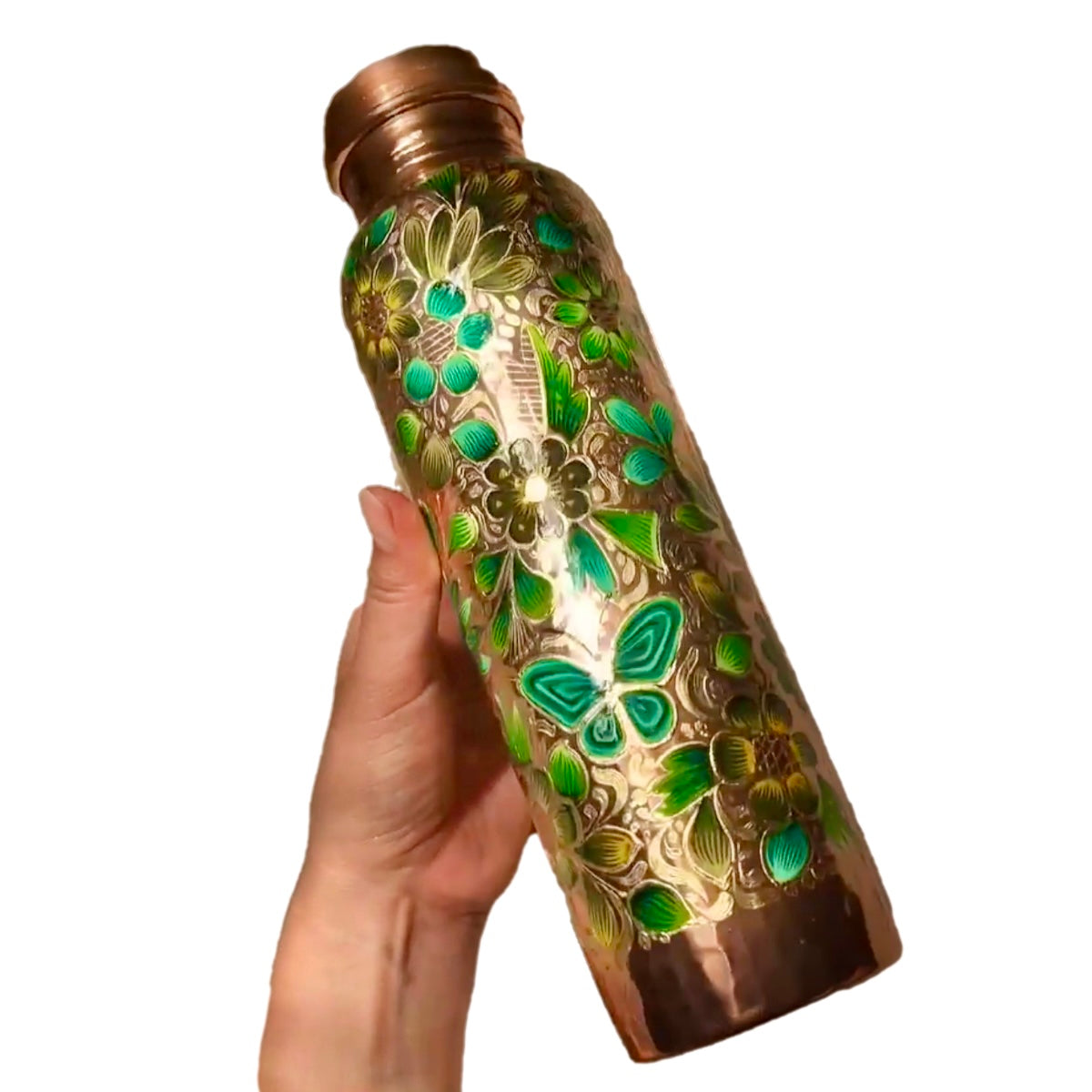 Mexican Copper 1 L / 33 oz. Water Bottle- Hand Painted Green FLores CoLores Decor