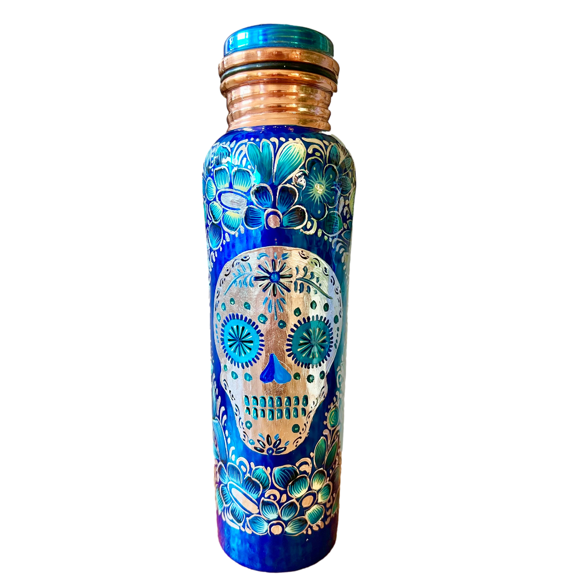 Mexican Copper 1 L / 33 oz. Water Bottle- Hand Painted Blue Sugar Skull CoLores Decor