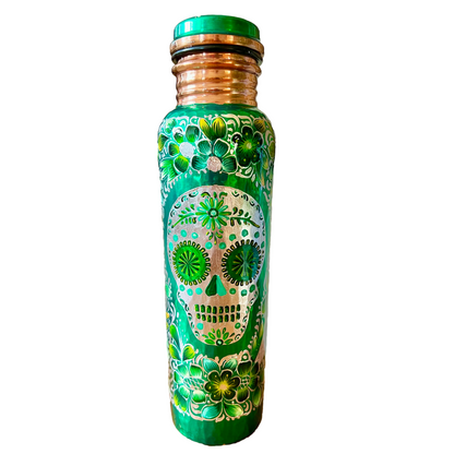 Mexican Copper 1 L / 33 oz. Water Bottle- Hand Painted Green Sugar Skull CoLores Decor