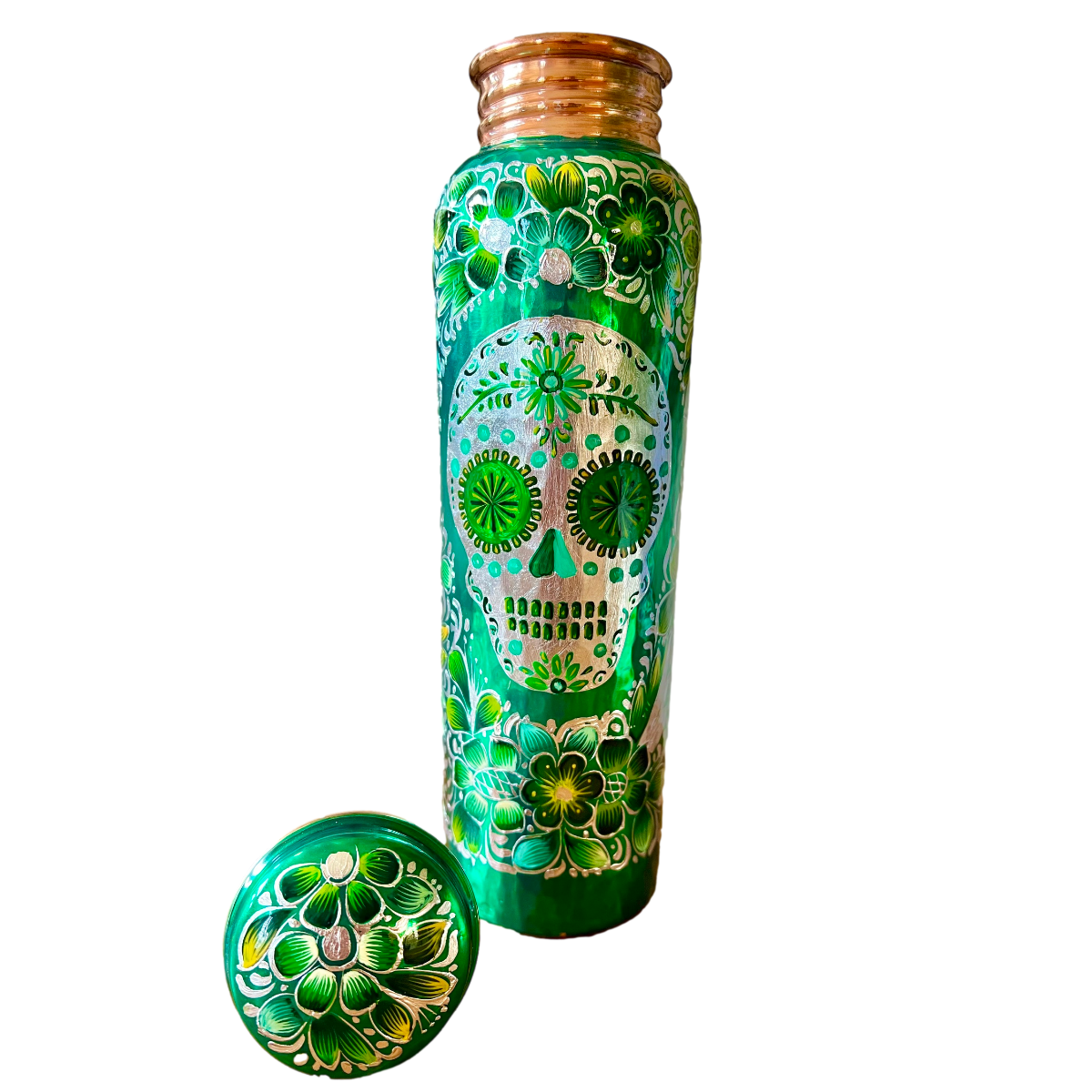 Mexican Copper 1 L / 33 oz. Water Bottle- Hand Painted Green Sugar Skull CoLores Decor