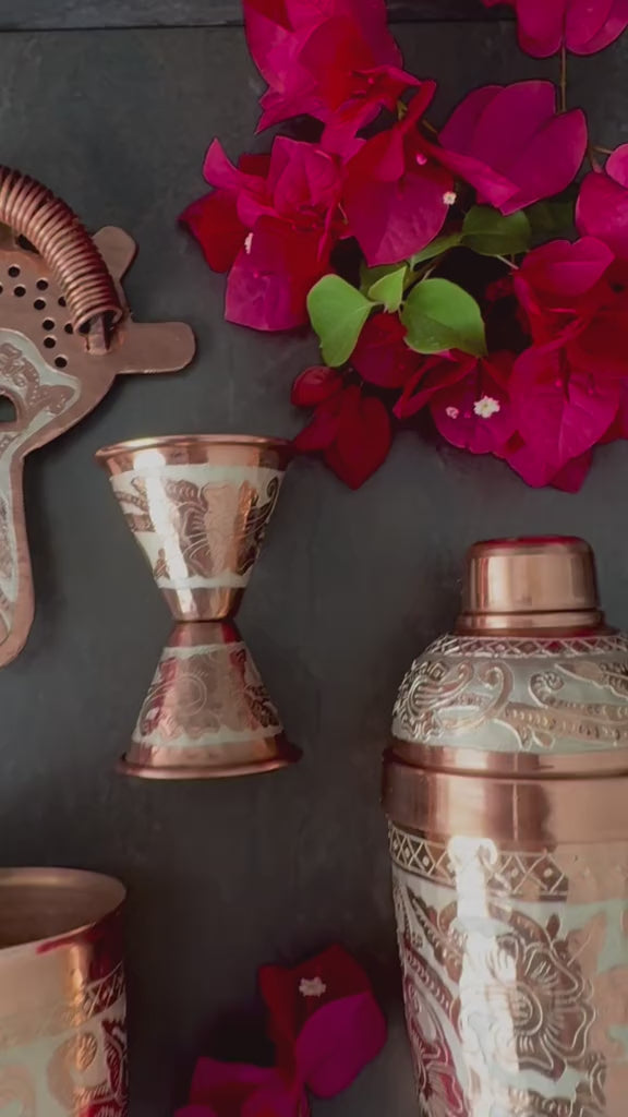 Mexican Barware Handmade Copper 7Piece Tools Set Silver Flowers