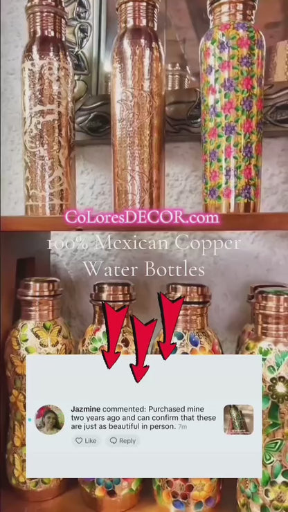 Mexican Copper 1 L / 33 oz. Water Bottle- Hand Painted CoLibri AzuL