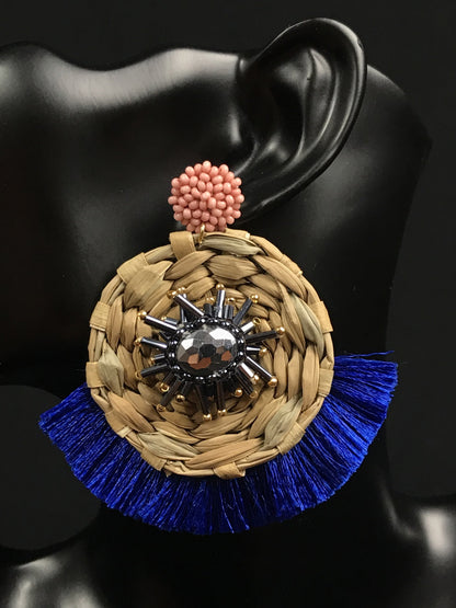 Eskua Blue Mexican Handmade Trendy Dangle Womens Palm Tassel Earrings Colores Decor