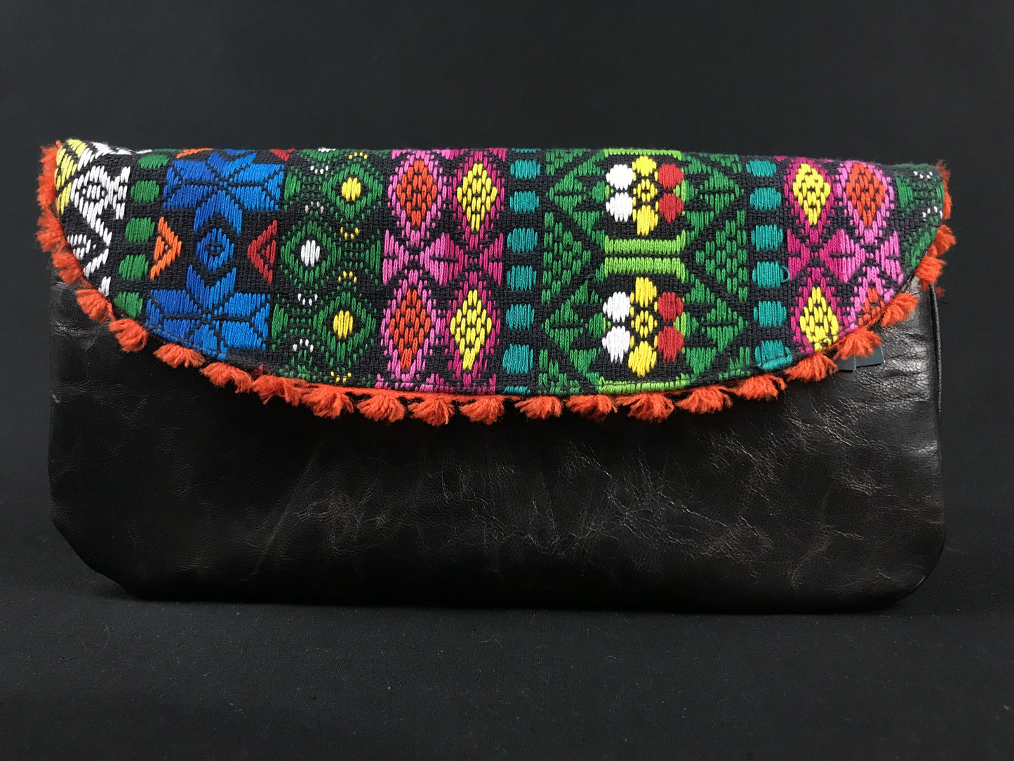 Flor de Mayo Orange Maya Embroidered Leather Wristlet Colores Decor
