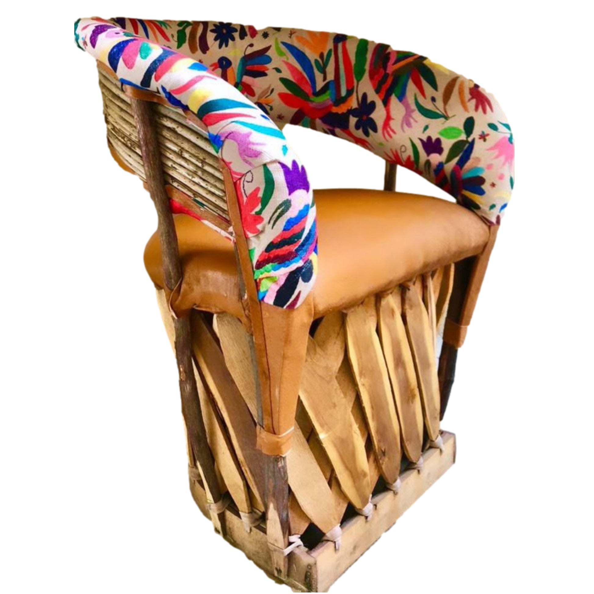 Set of 4 Mexican Handmade Cushioned Equipal Cancun Chairs- Otomi Tenango Fabric MeXican Artisan Fashion & Design