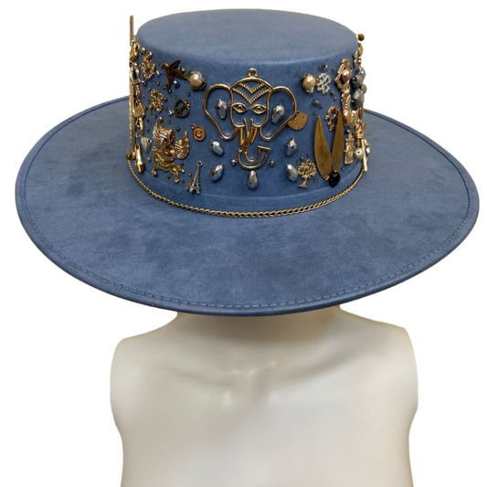 Mexican Handcrafted Boater Hat | La Gitana Elefante Azul Colores Decor