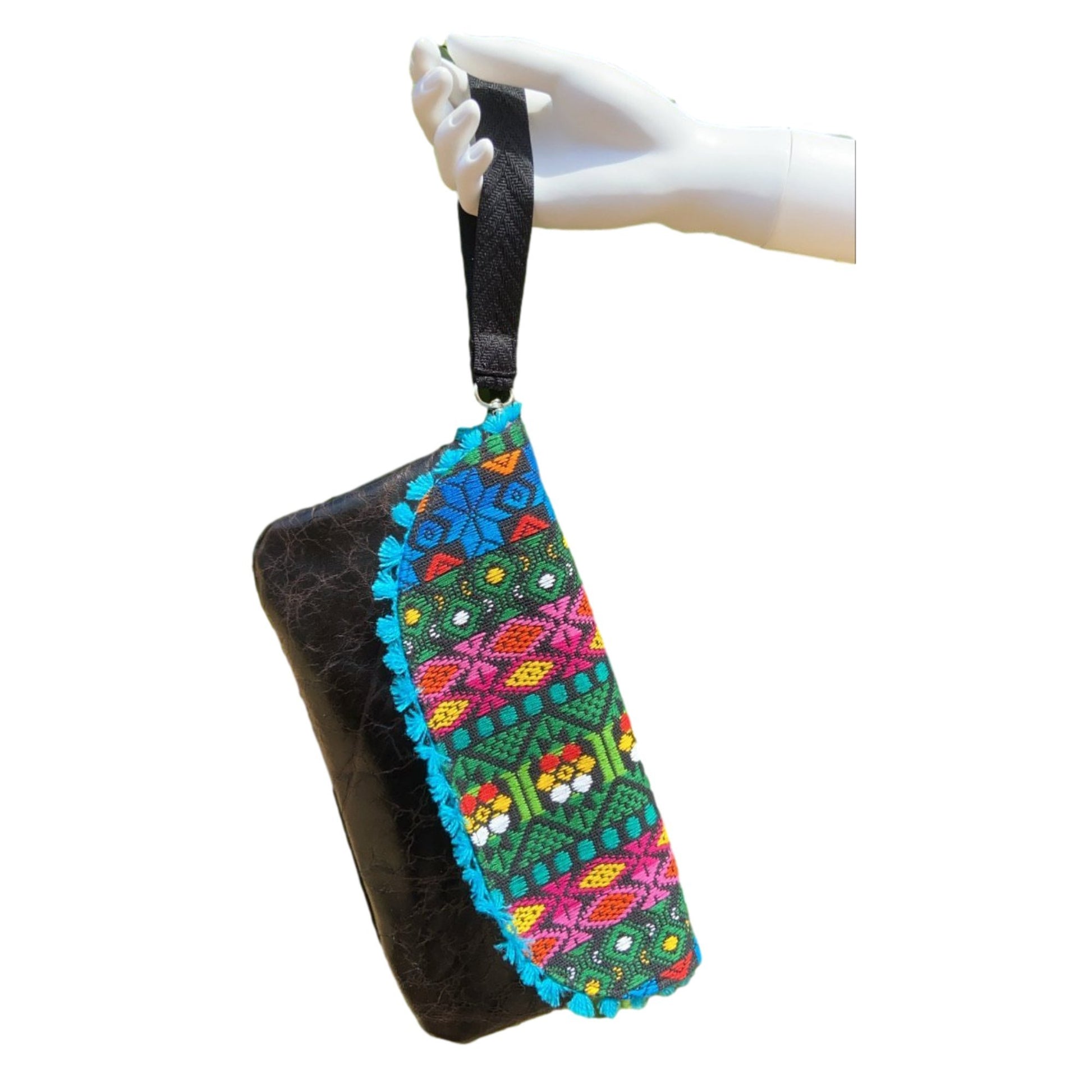 Mexican Embroidered Wristlet- Flor de Mayo Maya Leather Wristlet Colores Decor