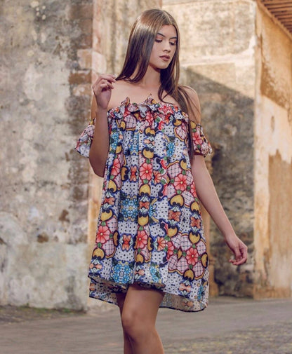 Mexican Fashion Designer Talavera Off-the-Shoulder Dress - CoLores Decor | Mexican Artisan Fashion & Design Mexican Fashion Designer Talavera Off-the-Shoulder Dress - CoLores Decor | Mexican Artisan Fashion & Design