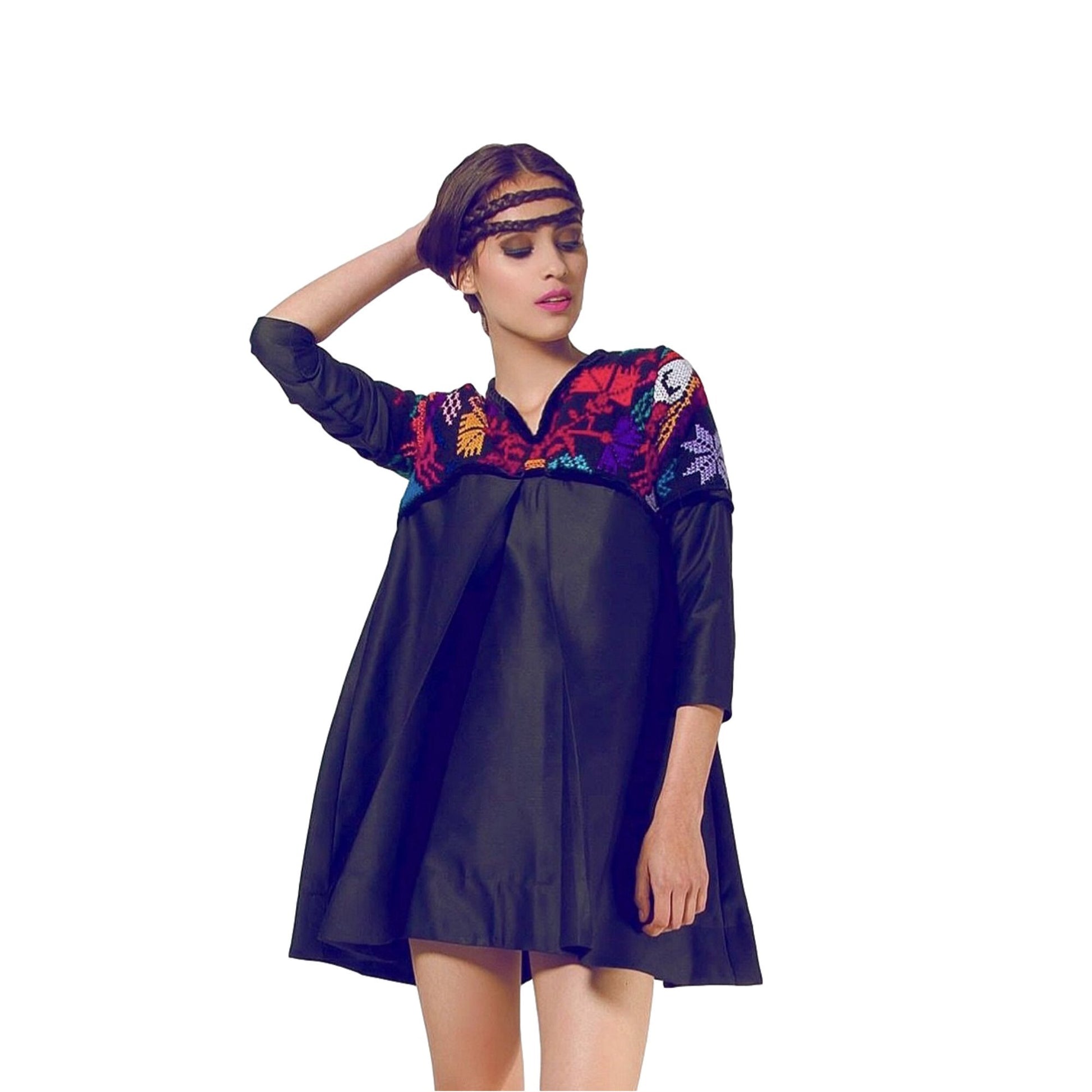 Mexican Fashion Embroidered Dress - Nayibi Mexico Puebla Black Dress - CoLores DECOR Mexican Fashion Embroidered Dress - Nayibi Mexico Puebla Black Dress - CoLores DECOR
