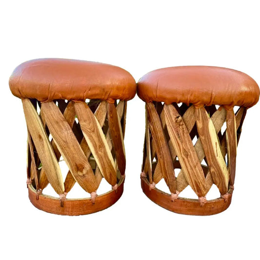 Mexican Handmade Leather Cushioned Equipal Ottoman Footstool- Traditional MeXican Artisan Fashion & Design