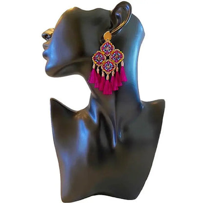 Mexican Handmade Tassel Bead Statement Earrings | Flecos Bougainvillea Colores Decor