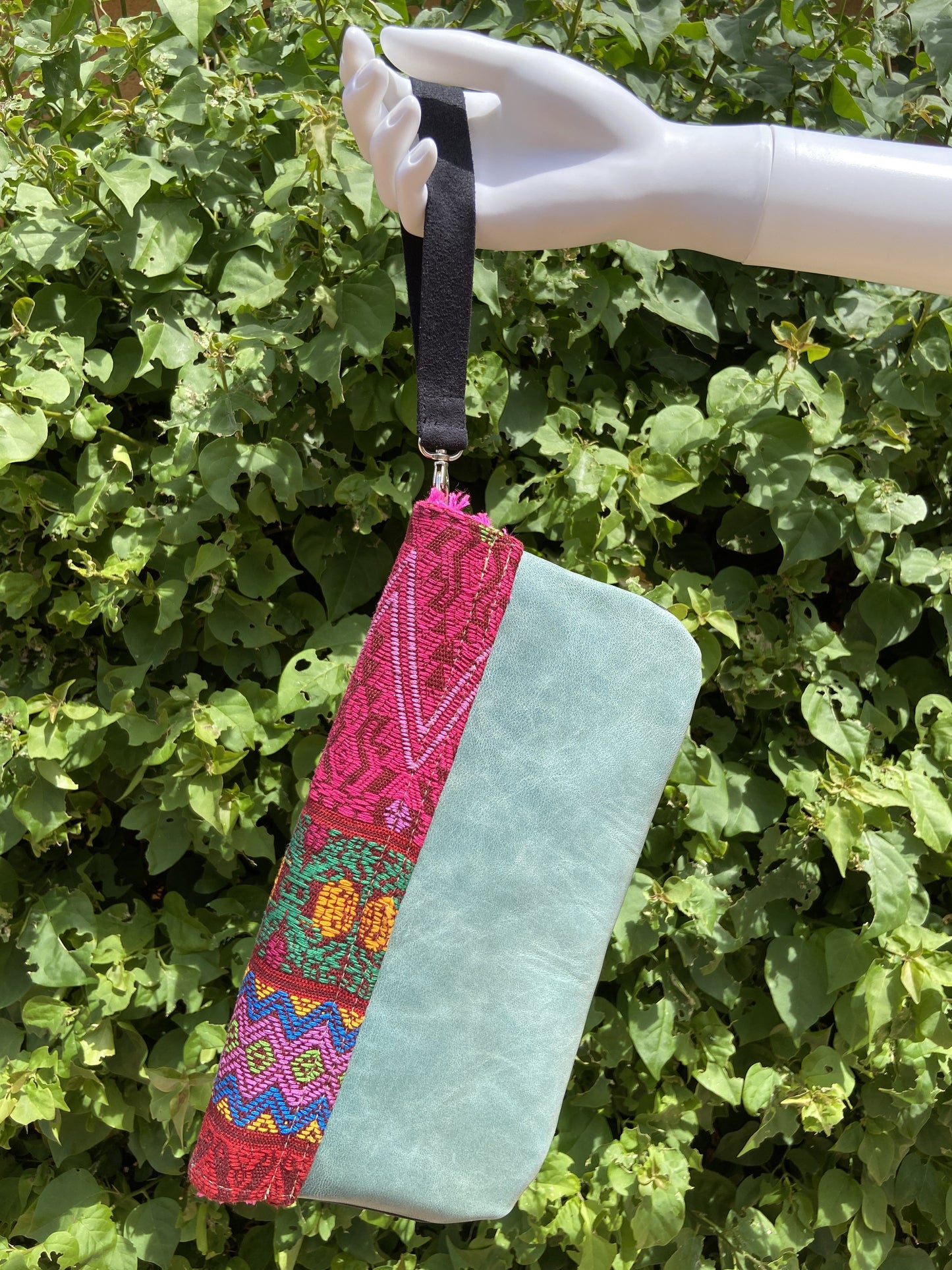 Sayab Maya Embroidered Aqua Leather Wristlet Colores Decor