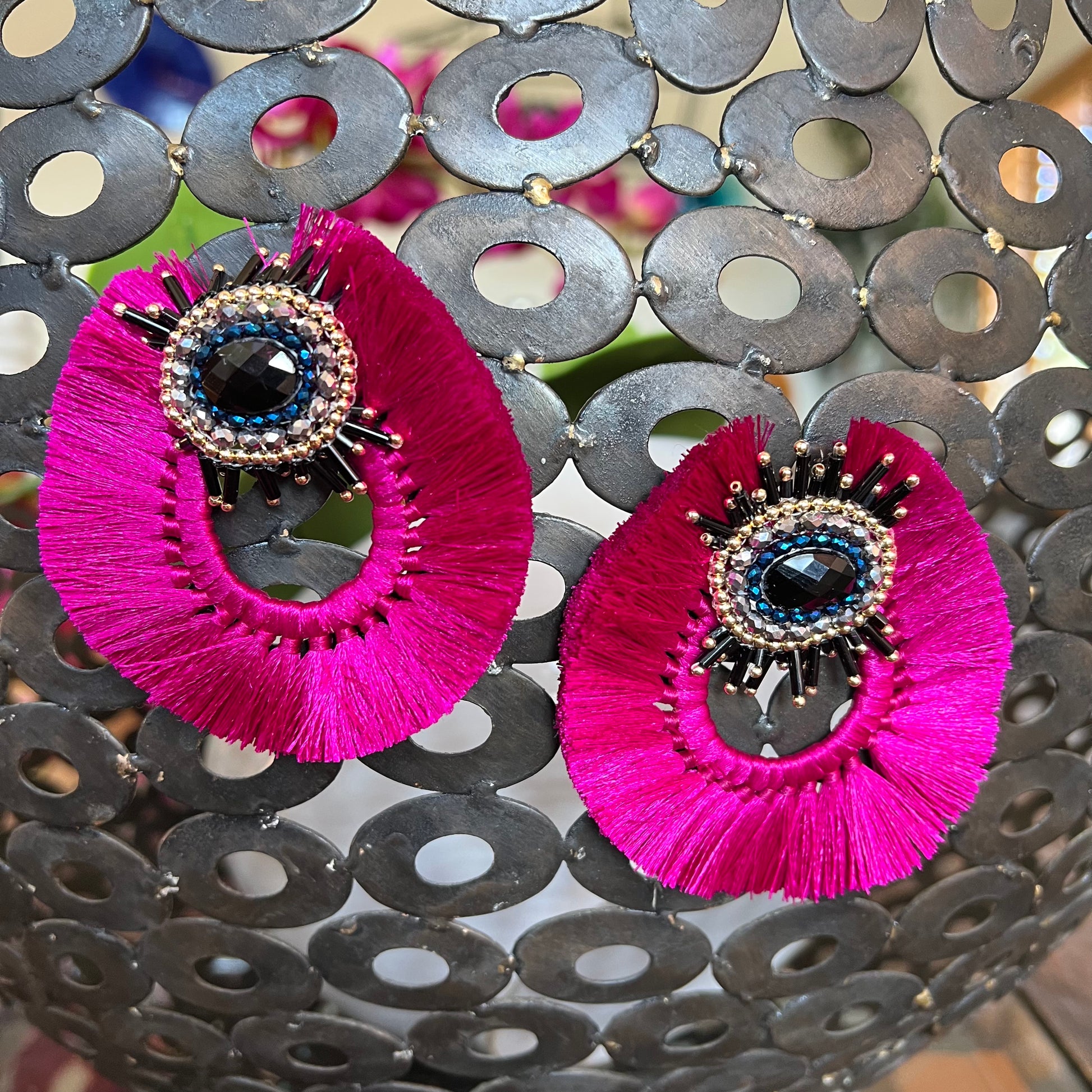 Mexican Handmade Tassel Bead Statement Earrings | Evil Eye Eskua Colores Decor