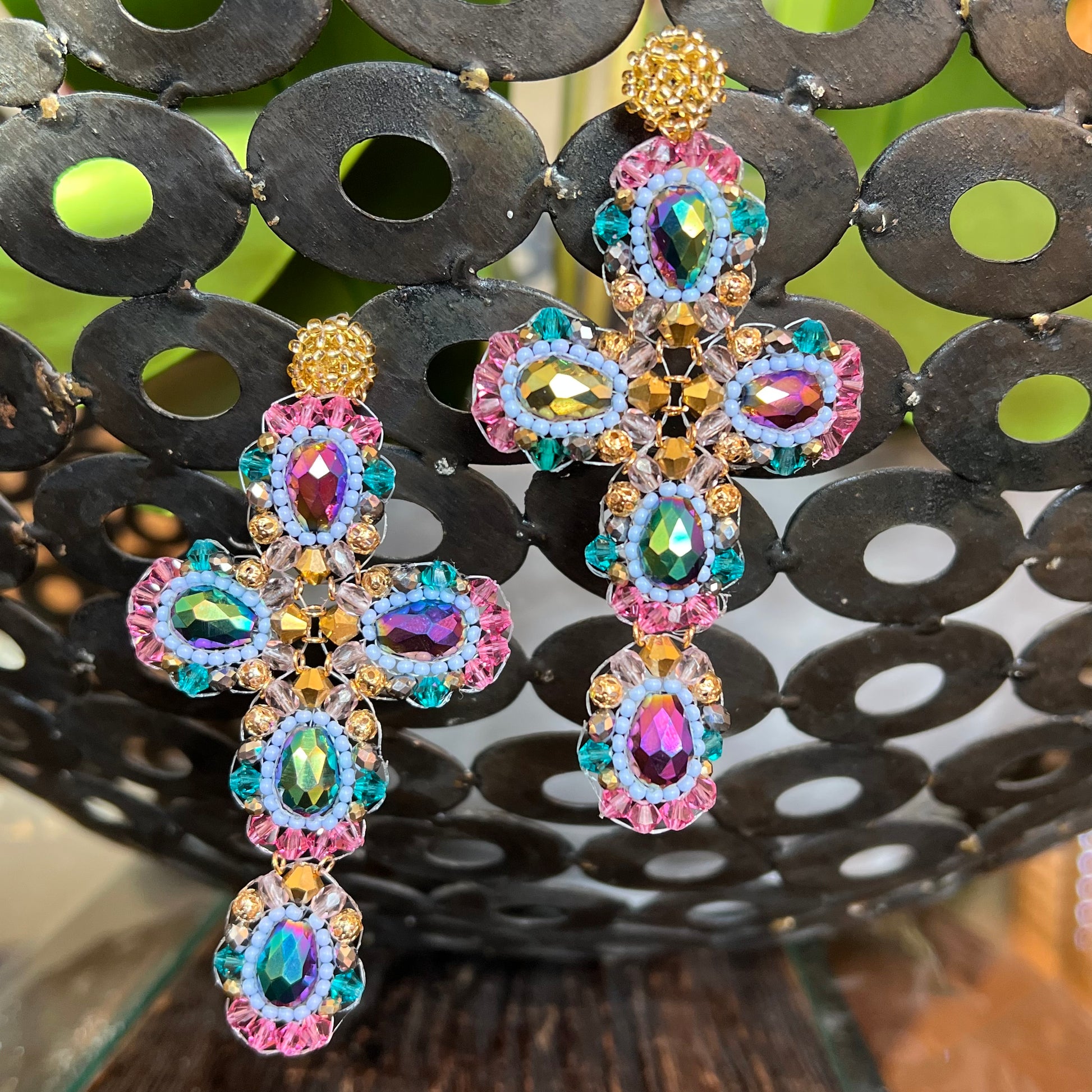 Mexican Handmade Bead Cross Statement Earrings | Mintsikani Colores Decor