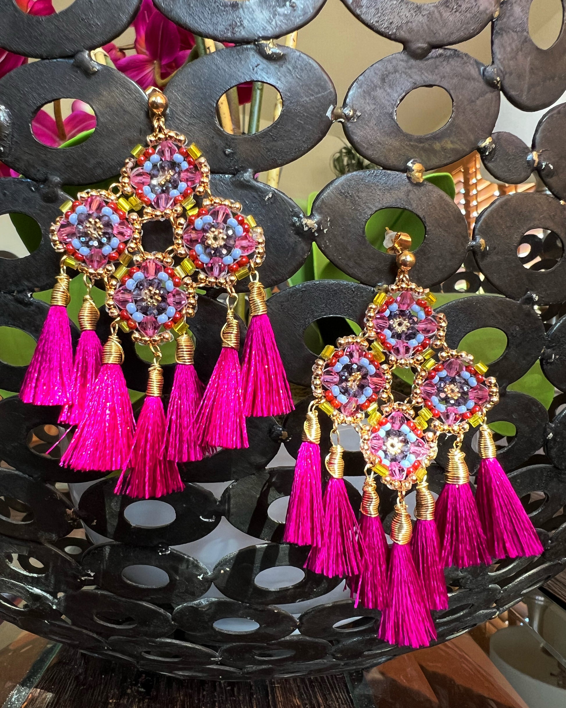 Mexican Handmade Tassel Bead Statement Earrings | Flecos Bougainvillea Colores Decor