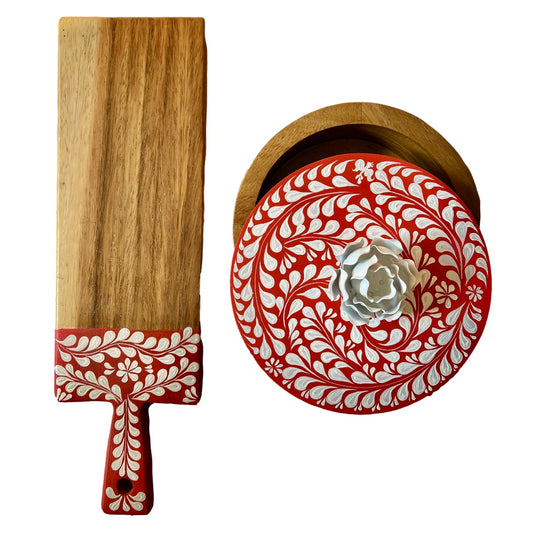 Mexican Handmade Parota Wood Tortilla Warmer & Charcuterie Board 2 Piece Set- Silver Rose MeXican Artisan Fashion & Design