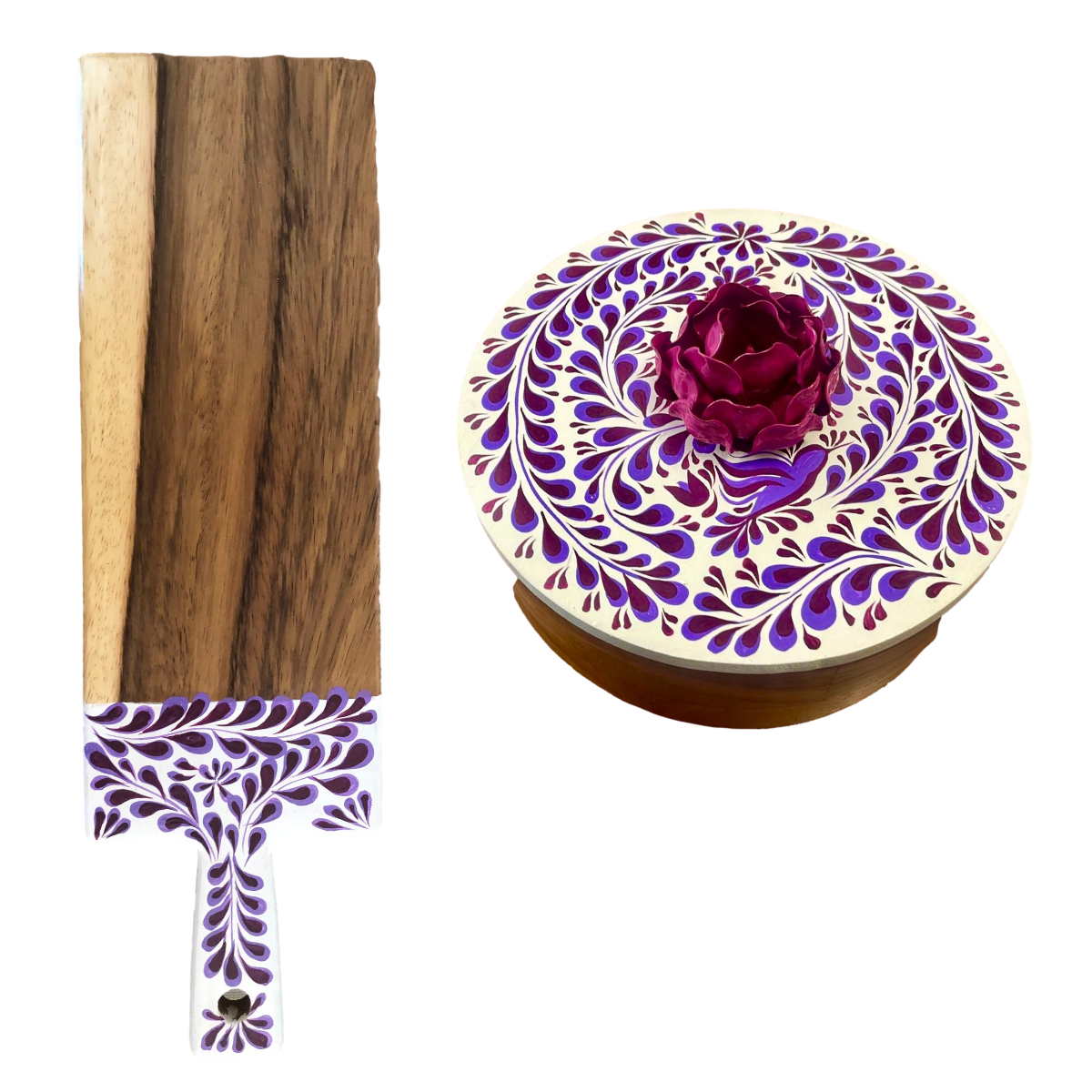 Mexican Handmade Parota Wood Tortilla Warmer & Charcuterie Board 2 Piece Set- Violet Rose MeXican Artisan Fashion & Design